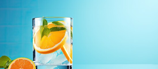 Poster - Close-up of a glass with soda water and citrus, garnished with orange and basil on a blue background with copy space image.