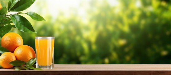 Poster - A glass filled with orange juice stands on a table against a lush green backdrop with copy space image.