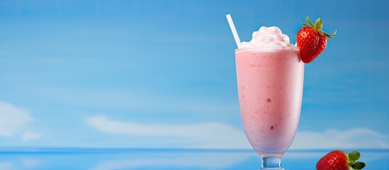 Poster - Pink strawberry milkshake or cocktail in a glass with a berry on a blue background, ideal for use as a copy space image.
