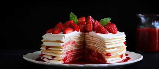 Poster - A delightful white crepe cake filled with vibrant red strawberry jam, perfect as a dessert or celebration treat.