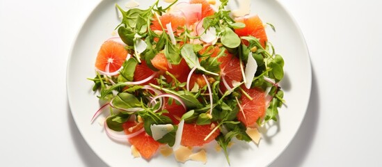 Poster - Tasty grapefruit salad on a plate with a white background, perfect for a copy space image.