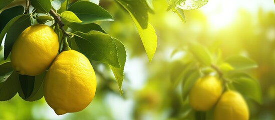 Poster - Lemon on tree in garden with copy space image.