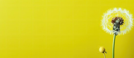 Poster - A single dandelion with seeds on a green backdrop featuring yellow dandelion blooms in a copy space image.