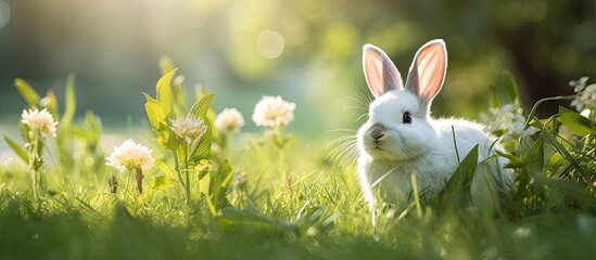 Poster - A white rabbit resting on lush green grass in the garden, with a scenic background for a copy space image.
