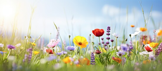 Poster - Lush green meadow with colorful spring flowers, perfect for a serene background with a copy space image.