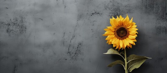 Poster - Sunflower on gray wall with isolated copy space image.