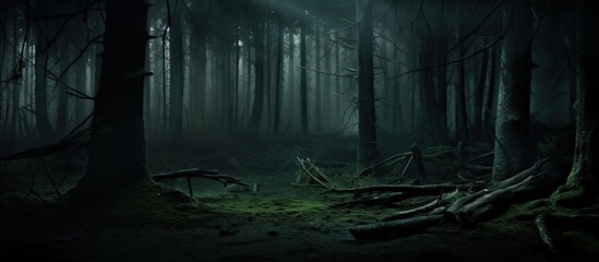 Poster - A mysterious image of a forest with shadows and a lack of light, perfect for adding text or graphics in the empty spaces of the picture - copy space image.