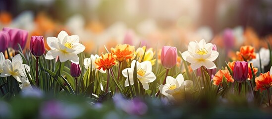 Poster - Gorgeous spring flowers blooming in garden, with a copy space image available for text or design insertion.