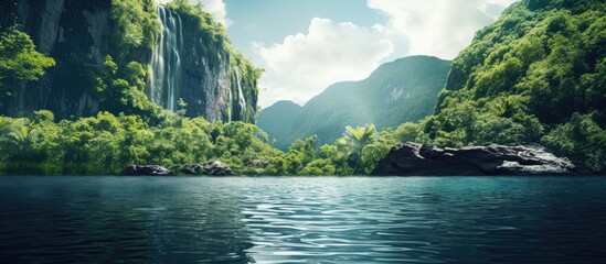 Poster - On a bright summer day, cascading water flows down cliffs into a tropical lake, creating a serene scene with plenty of copy space image.