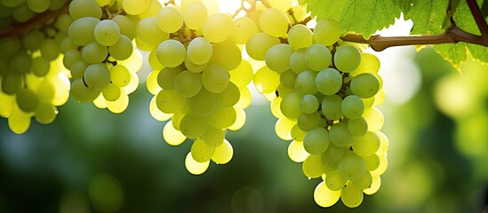 Poster - green grapes on the vine are yielding goods, with copy space image.
