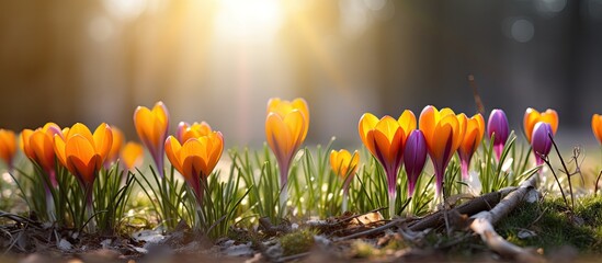 Poster - The garden showcases vibrant yellow crocus or saffron buds blooming under the spring sun, adding a touch of early spring color to the landscape, creating a picturesque scene with copy space image.