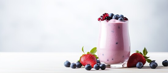 Aufkleber - Homemade blueberry yogurt shake dessert in a glass on a white table background with copy space image; a delicious and healthy berry smoothie.