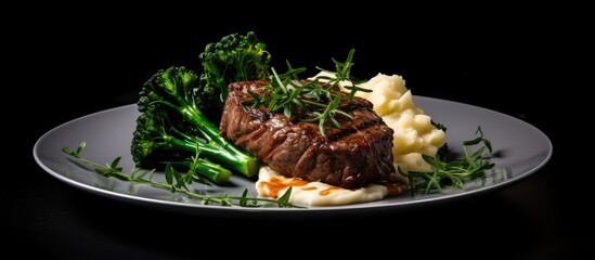 Poster - Beef steak and mashed potatoes with greens on a white plate against a black background, creating a beautiful copy space image.
