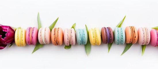 Poster - Tulips surrounding classic macaroons on a white backdrop, providing a copy space image.