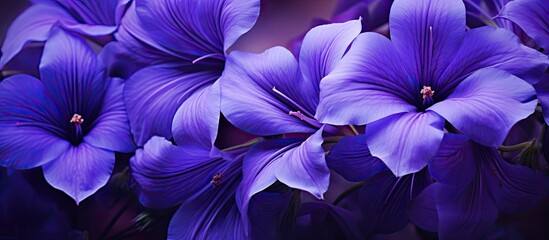 Poster - Close-up macro photo of purple flowers showcasing their vibrant hues with copy space image.