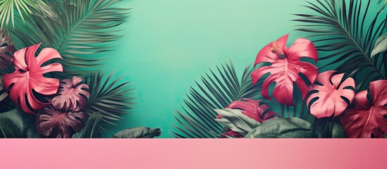 Poster - A retro-toned pink background adorned with vibrant tropical green monstera and palm leaves along with exotic flowers; copy space image.