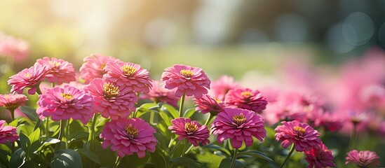 Poster - Pink zinnia flowers blossoming in a garden on a sunny day, creating a colorful display with copy space image.