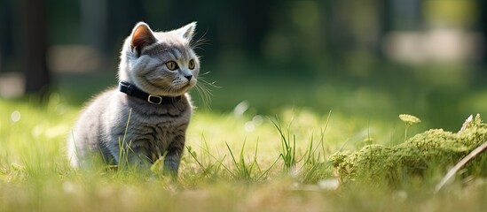 Poster - A gray cat on a leash resting in the grass, with room for a copy space image.