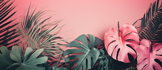 Poster - A retro-toned pink background adorned with vibrant tropical green monstera and palm leaves along with exotic flowers; copy space image.