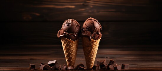 Poster - Double chocolate ice creams with black waffle cones displayed on a wooden surface with space for text or images.