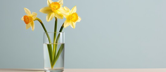 Poster - A yellow narcissus or daffodil is displayed in a drinking glass posing as a vase, against a blank background for a copy space image.