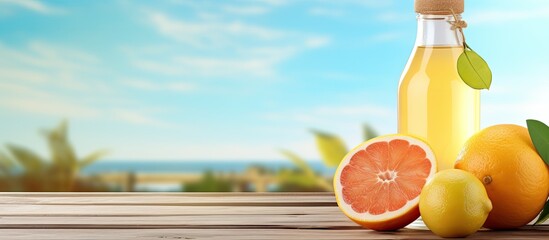 Poster - A glass bottle of fresh vitamin lemonade with citrus fruits like lemon, orange, and grapefruit on a wooden surface, with a stick, displayed in a copy space image.