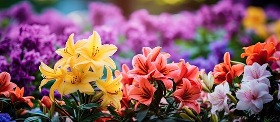 Poster - The garden's beautiful flowers showcase nature in a mesmerizing way with lush greenery and vibrant hues, perfect for a copy space image.