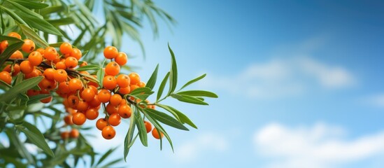 Poster - Sea buckthorn branch with berries and green leaves against a backdrop of grass and sky, perfect for a copy space image.
