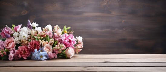 Indoor bouquet of pretty flowers displayed on a wooden table with a blank space for an image.