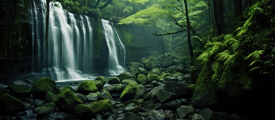 Poster - Scenic waterfall cascading over rock formation in lush rainforest setting with copy space image.