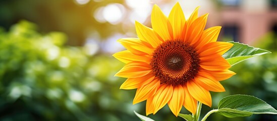 Poster - A vivid sunflower with yellow petals, orange pollen, and green leaves stands out in the park with copy space image.