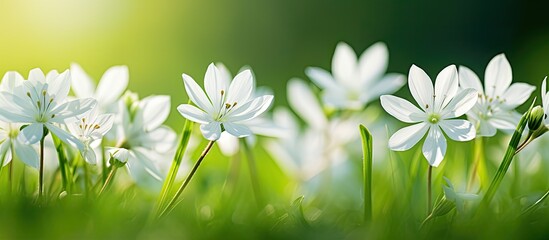 Poster - Detailed closeup of wild white star-shaped stitchwort flowers, known as stellaria, against a green grass background creating a serene copy space image.