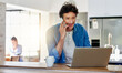 © Arnell Koegelenberg/peopleimages.com - Man, home and kitchen counter with phone call on laptop for remote work and online application for loan. Email, internet and smile with goods news or approval for house finance, mortgage and funds