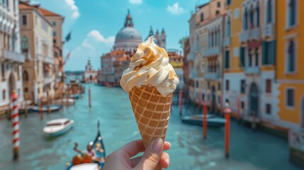 Wall Mural - Female hand holding an ice cream waffle cone in front of Venice Canals during the day, summer vibes. Generative AI.