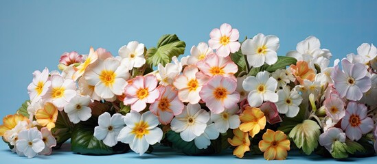 Aufkleber - Primroses in pink, white, and yellow hues, surrounded by green leaves, set against a blue backdrop with copy space image.