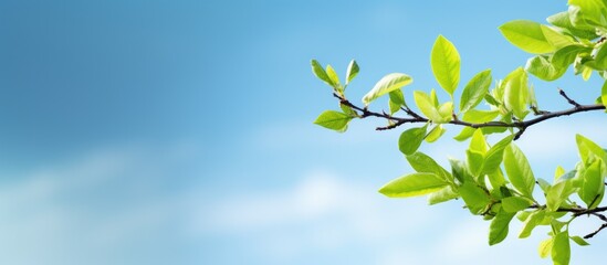 Poster - Springtime brings a vibrant green branch with fresh leaves, creating a picturesque scene against a backdrop of a clear blue sky, perfect for a copy space image.