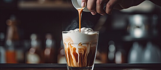 Aufkleber - Barista pouring coffee into a cup of iced milk in a coffeehouse setting with a copy space image.