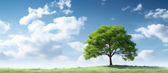 Aufkleber - A big tree in a garden under a blue sky with fluffy white clouds in the background displaying ample copy space image.