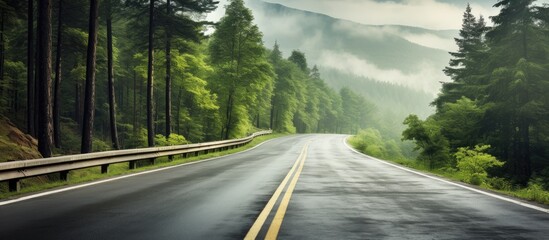 Poster - Mountain forest road in the northern region with copy space image.