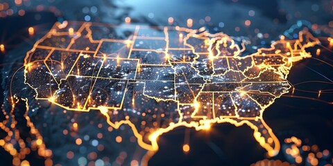 Poster - Digital map of the United States with glowing connections, representing global connectivity and technology in business
