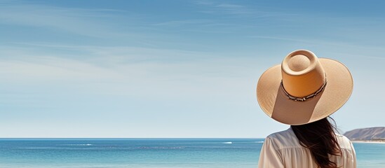 Poster - A fashionable woman wearing a cowboy hat on the beach, with a beautiful seascape in the background and clear skies above, creating a serene and idealistic copy space image.