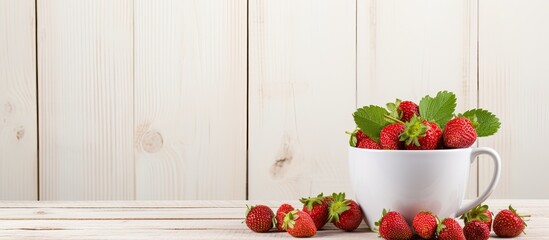 Poster - Wild strawberry in a white cup on a wooden background, creating an inviting copy space image.