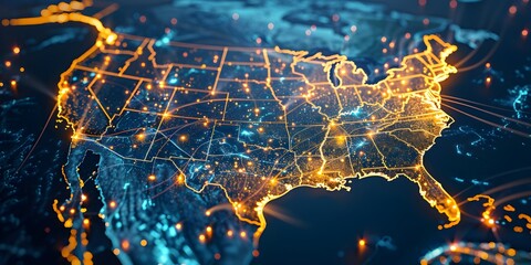Poster - Digital map of the United States with glowing connections, representing global connectivity and technology in business
