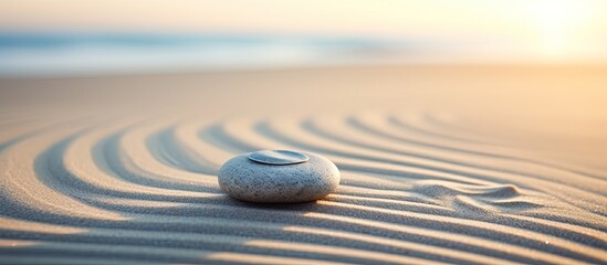 Poster - A patterned stone on the beach stands out against a beautiful backdrop of smooth sand, providing a calming and tranquil copy space image.