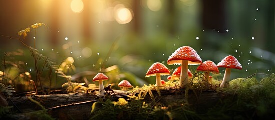 Poster - Gorgeous Amanita mushrooms surrounded by trees with a copy space image.