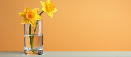 Poster - A yellow narcissus or daffodil is displayed in a drinking glass posing as a vase, against a blank background for a copy space image.