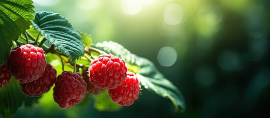 Poster - Fresh red raspberries with green leaves gleaming in the sunlight, perfect for a copy space image.