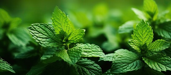 Poster - Image of fresh peppermint leaves with green foliage in the background, providing ample space for copying.