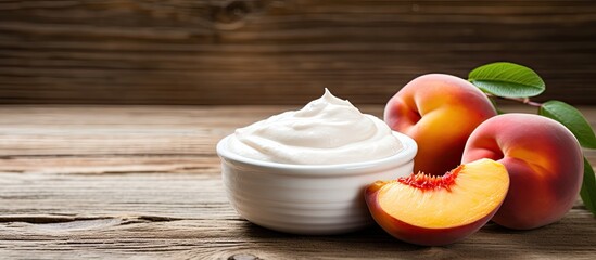 Poster - Photo of yogurt topped with fresh peaches on a rustic wooden surface, with ample copy space image available.
