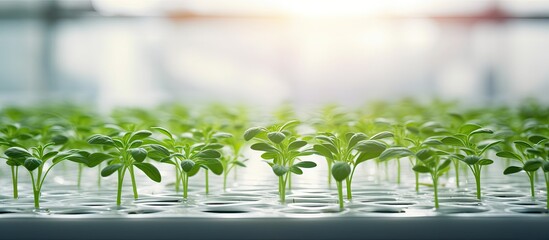 Aufkleber - Vegetable seedling in a modern greenhouse with a clean white tray, part of a hydroponic farm, intended for a health market with copy space image.